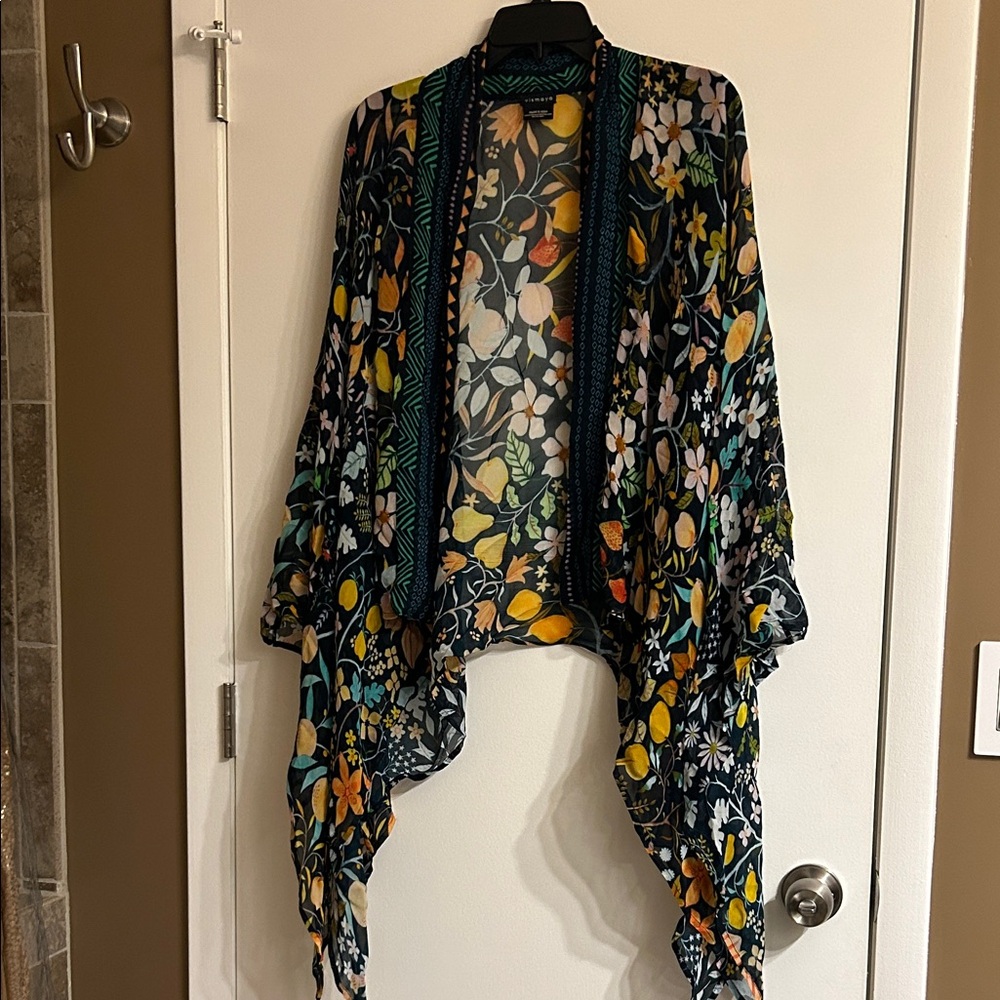 Maya Black Sheer Floral Kimono with Yellow & Teal Accents